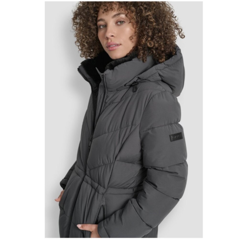 Dkny Women's Gray Puffer Jacket Hooded Toggles Faux Fur Collar XS NWT